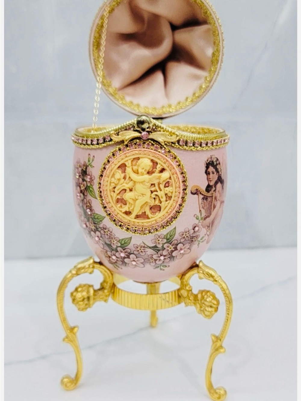 Faberge Pink and Gold Decorative Egg Vase with Cherub Medallion